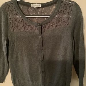 Adorable grey cardigan with lace on top and back. Size lg